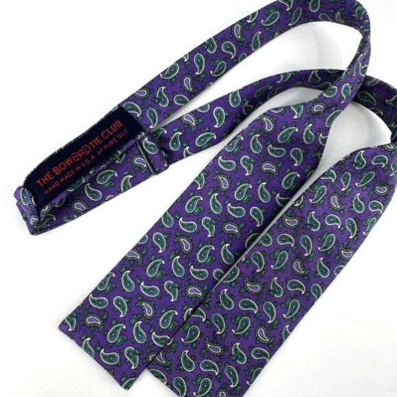 The Bow Tie Club Mens Pure Silk Paisley Handmade Adjustable Bow Tie Purple Green - Picture 2 of 5